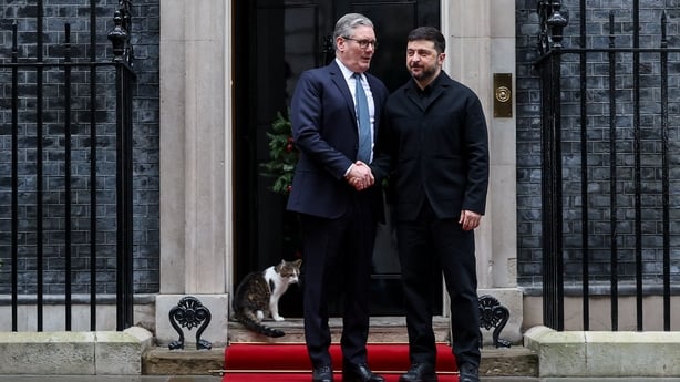 Keir Starmer shakes hands with Volodymyr Zelensky outside 10 Downing Street in London