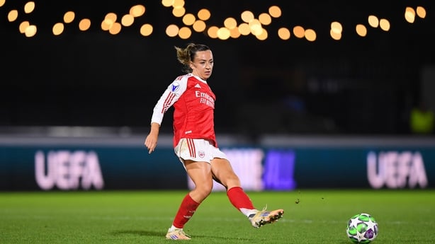 BOREHAMWOOD, ENGLAND - DECEMBER 09: Katie McCabe of Arsenal passes the ball during the UEFA Women's Champions League 2025/26 league phase match between Arsenal FC and FC Twente at Meadow Park on December 09, 2025 in Borehamwood, England. (Photo by Alex Burstow/Arsenal FC via Getty Images)