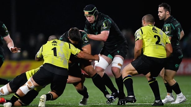13 December 2025; Dave Heffernan of Connacht is tackled by Demuri Epremidze, left, and Nika Khatiashvili of Black Lion during the EPCR Challenge Cup match between Connacht and Black Lion at Dexcom Stadium in Galway. Photo by Tyler Miller/Sportsfile
