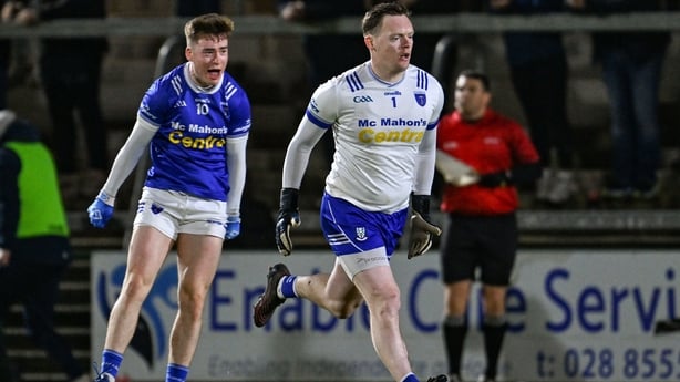 13 December 2025; Scotstown goalkeeper Rory Beggan celebrates with teammate Max Maguire, left, after kicking a free during the AIB Ulster GAA Football Senior Club Championship final match between Kilcoo and Scotstown at BOX-IT Athletic Grounds in Armagh. Photo by Ramsey Cardy/Sportsfile