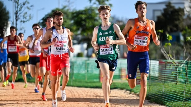 14 December 2025; Nick Griggs of Ireland and Stefan Nillessen of Netherlands during the U23 men's race at the 2025 SPAR European Cross Country Championships in Lagoa, Portugal. Photo by Sam Barnes/Sportsfile