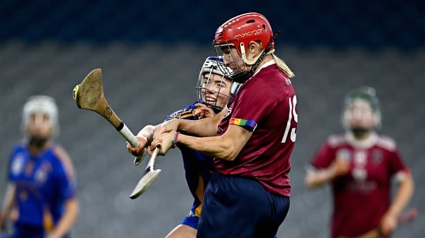 14 December 2025; Therese Donohue of Athenry in action against Méabh Cahalane of St Finbarr's during the AIB All-Ireland Camogie Senior Club Championship final match between Athenry of Galway and St Finbarr's of Cork at Croke Park in Dublin. Photo by Seb Daly/Sportsfile 