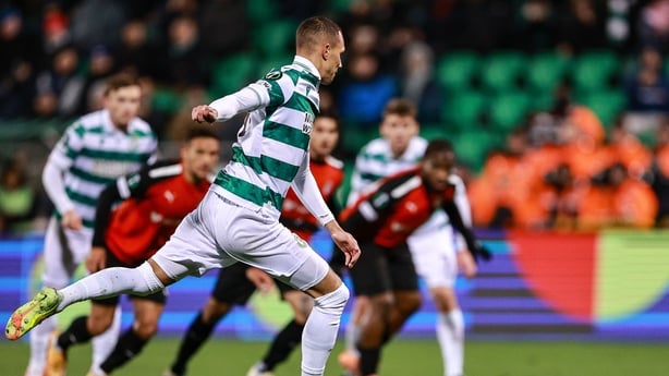 18 December 2025; Graham Burke of Shamrock Rovers scores his side's first goal, a penalty, during the UEFA Conference League 2025/26 league phase match between Shamrock Rovers and Hamrun Spartans at Tallaght Stadium in Dublin. Photo by Thomas Flinkow/Sportsfile