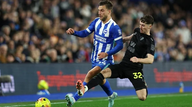 Joel Veltman of Brighton & Hove Albion is challenged by Trai Hume of Sunderland during the Premier League match between Brighton & Hove Albion and Sunderland at Amex Stadium on December 20, 2025 in Brighton, England. 