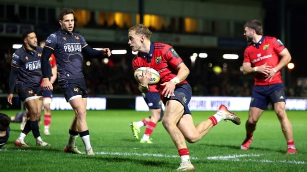20 December 2025; Mike Haley of Munster on his way to scoring his side's fourth try during the United Rugby Championship match between Ospreys and Munster at Brewery Field in Bridgend, Wales. Photo by Gareth Everett/Sportsfile