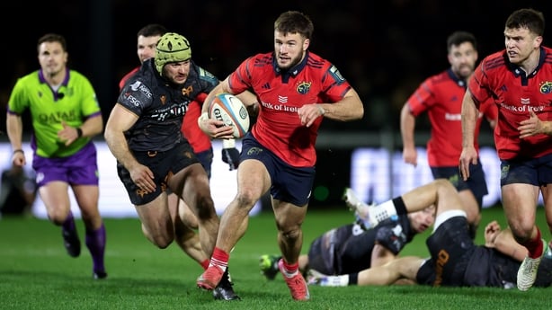 20 December 2025; Alex Nankivell of Munster breaks for the line during the United Rugby Championship match between Ospreys and Munster at Brewery Field in Bridgend, Wales. Photo by Gareth Everett/Sportsfile