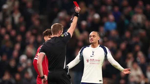 LONDON, ENGLAND - DECEMBER 20: Referee John Brooks shows Xavi Simons of Tottenham Hotspur the red card during the Premier League match between Tottenham Hotspur and Liverpool at Tottenham Hotspur Stadium on December 20, 2025 in London, England. (Photo by Shaun Brooks - CameraSport via Getty Images)