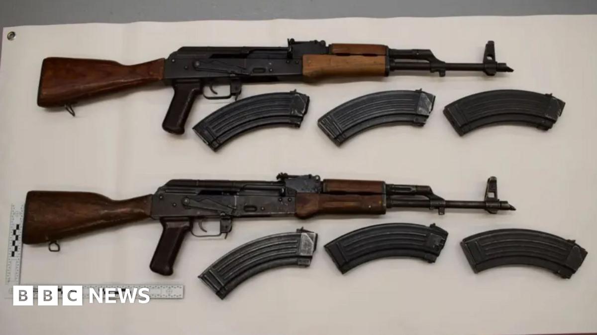 Two rifles surround magazines on a white background.