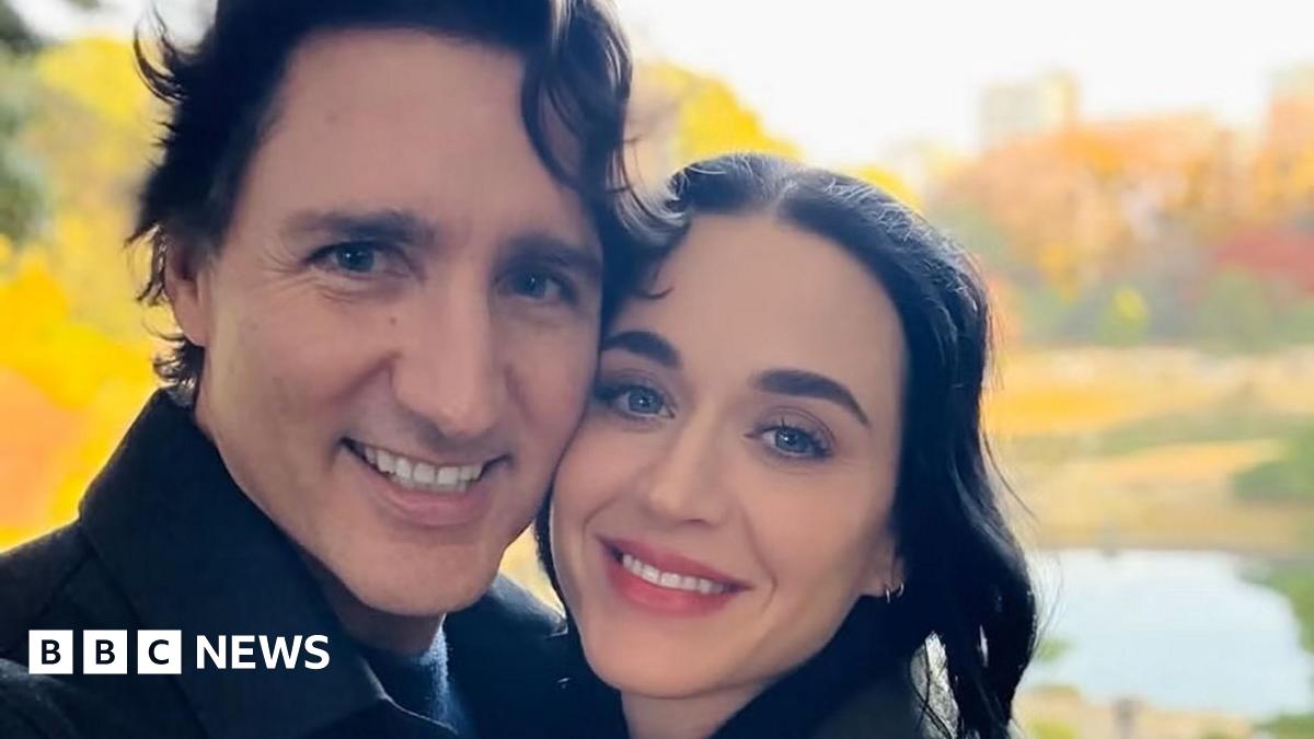 A composite image showing Katy Perry smiling with her hair down, and Justin Trudeau smiling while wearing a blue suit