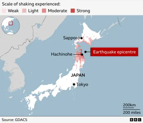 A map of Japan shows where an earthquake occurred.