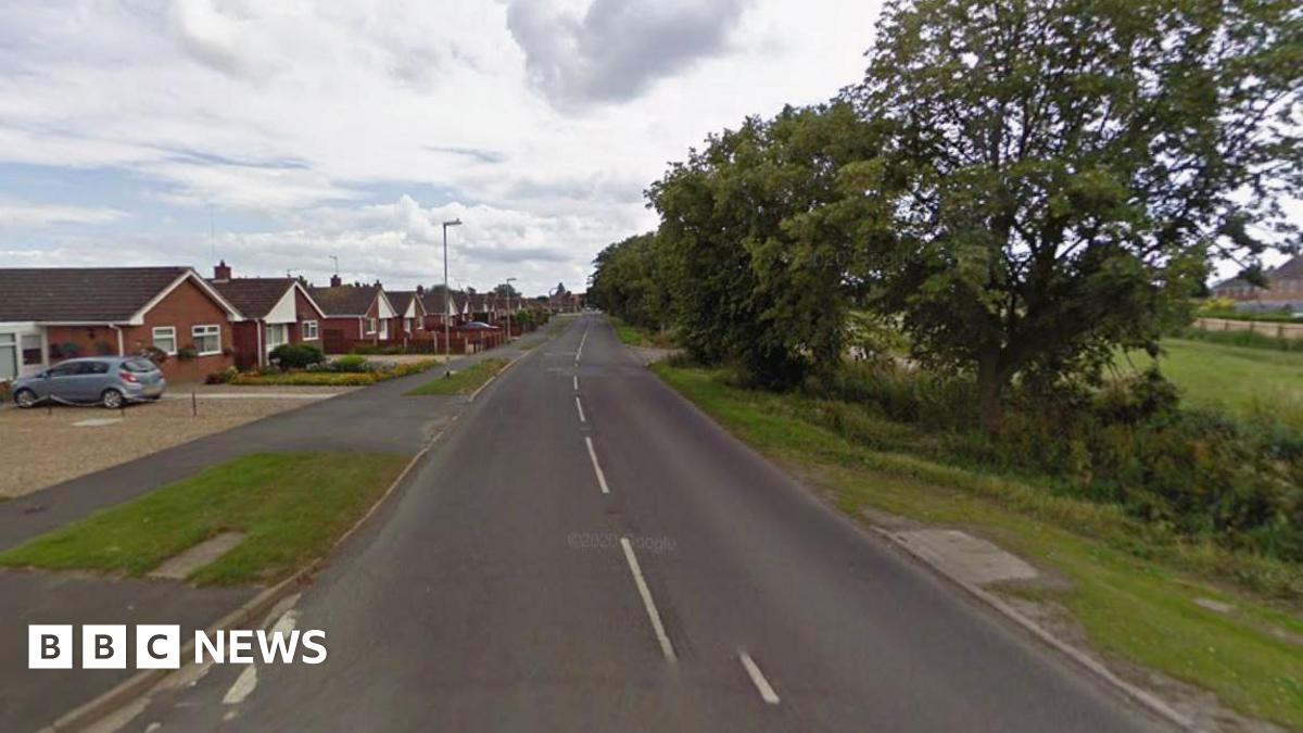 A road with residential houses on the left and trees on the right. The sky is overcast.