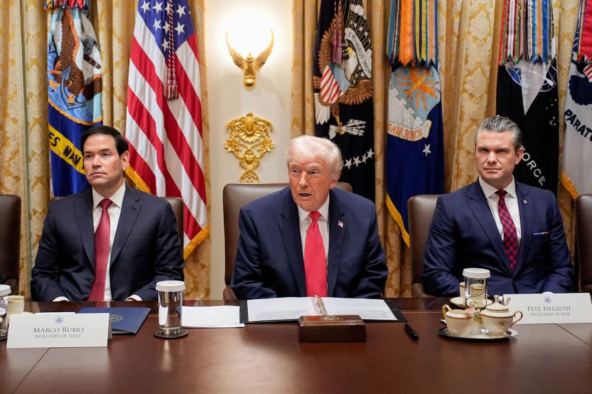 Secretary of State Marco Rubio, President Donald Trump and Secretary of Defense Pete Hegseth attend a cabinet meeting at the White House on December 2, 2025.