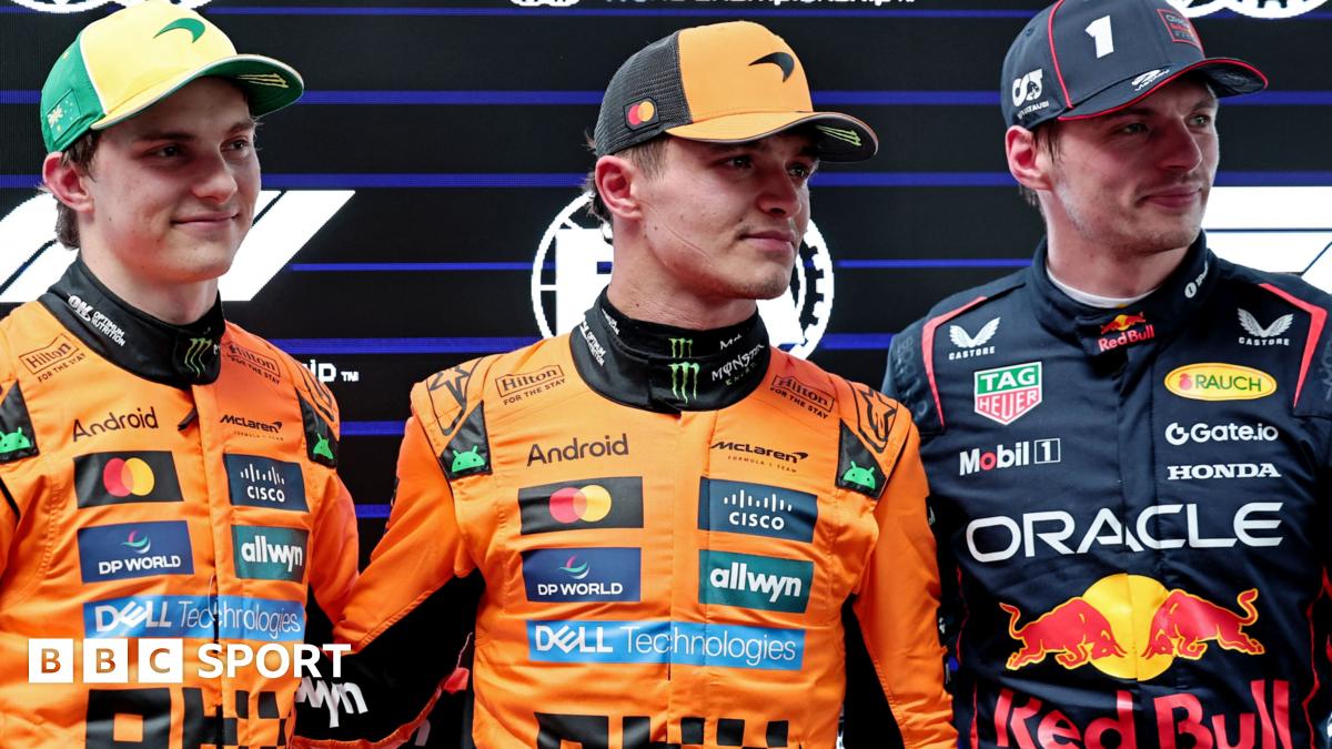 McLaren's Oscar Piastri, Lando Norris and Red Bull's Max Verstappen pose for pictures after qualifying for the 2025 Australian Grand Prix