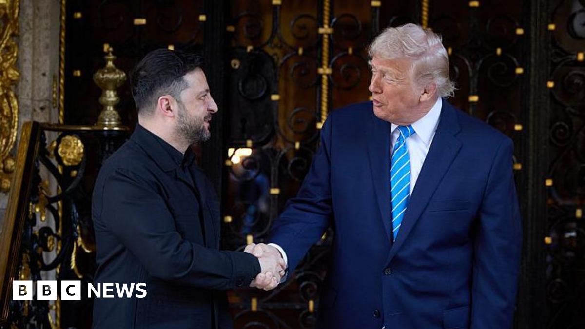 Volodymyr Zelensky and Donald Trump smile and shake hands outside his property in Florida