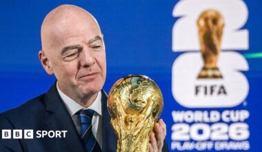 Fifa president Gianni Infantino holding the World Cup