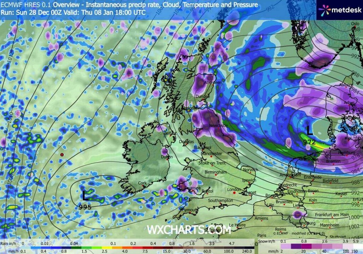 A meteorological map displays a region with various colored zones indicating different weather patterns and atmospheric conditions. The colors range from blue to purple, with green areas interspersed, likely representing temperature gradients, pressure systems, and potential weather phenomena.