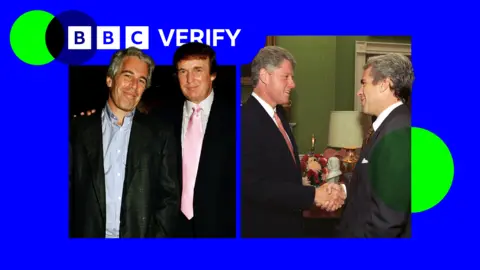 Getty Images & Clinton Presidential Library BBC Verify logo behind images of Donald Trump and Jeffrey Epstein and Bill Clinton and Jeffrey Epstein. 