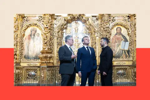 PA Media Sir Keir Starmer, Emmanuel Macron and Volodymyr Zelensky at St Sophia Cathedral in Kyiv