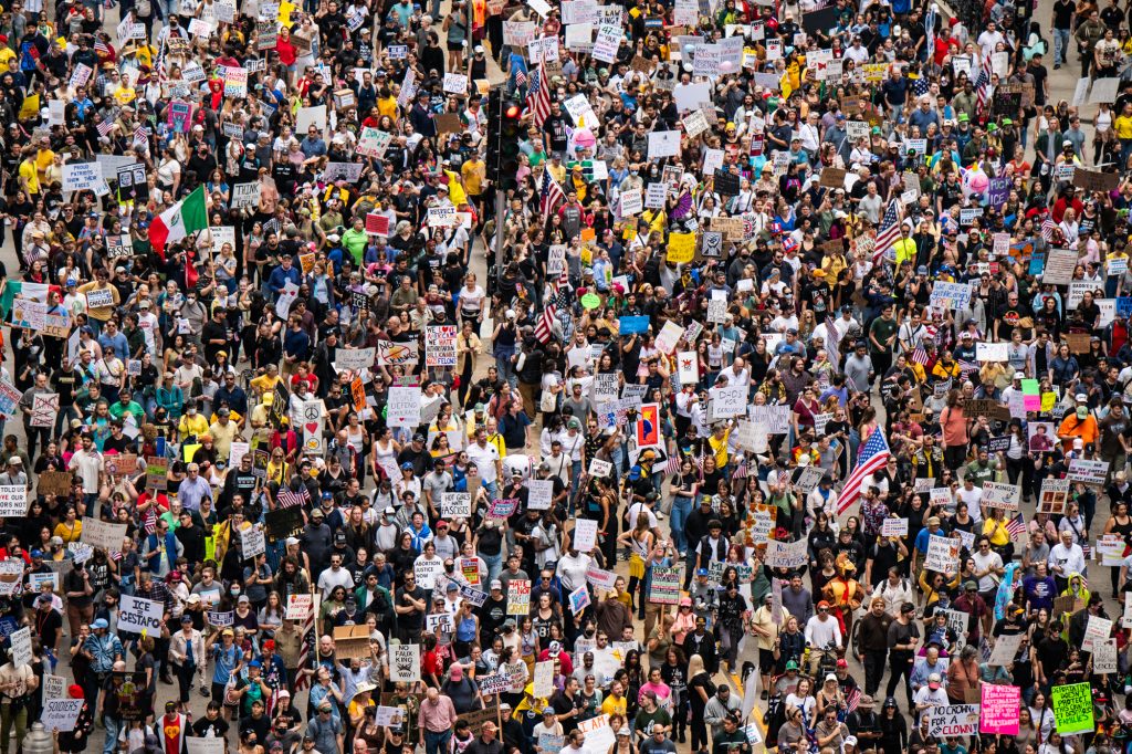 Thousands descend on Downtown Chicago during the No Kings Day protest on Oct. 18, 2025.