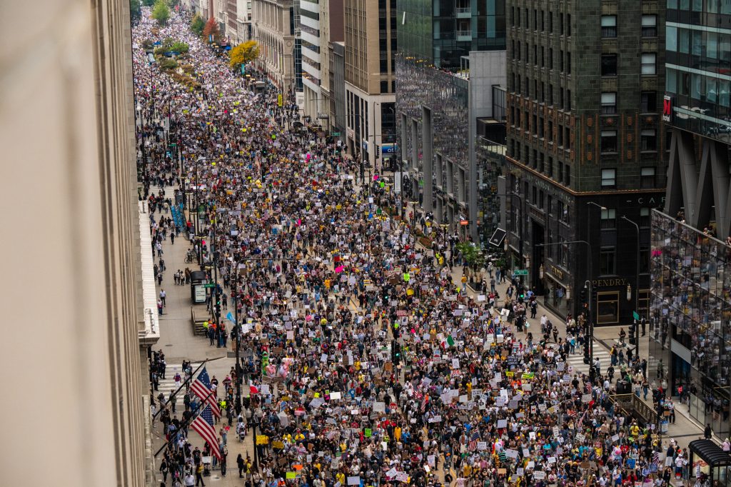 Thousands descend on Downtown Chicago during the No Kings Day protest on Oct. 18, 2025.