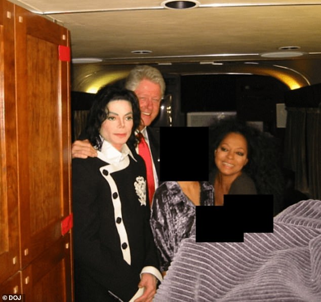 Bill Clinton is seen with his arm around Michael Jackson. The pair pose with Diana ross and a redacted woman