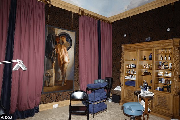 Epstein's massage room included shelved of lotions and oils and a massive photo of a nude woman