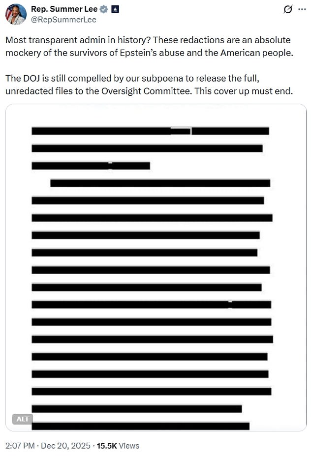 Democrat Rep. Summer Lee demanded the 'cover up must end.' She also refuted the claim that Trump's Administration is the 'most transparent in history,' citing how the Epstein files that have been released were heavily redacted