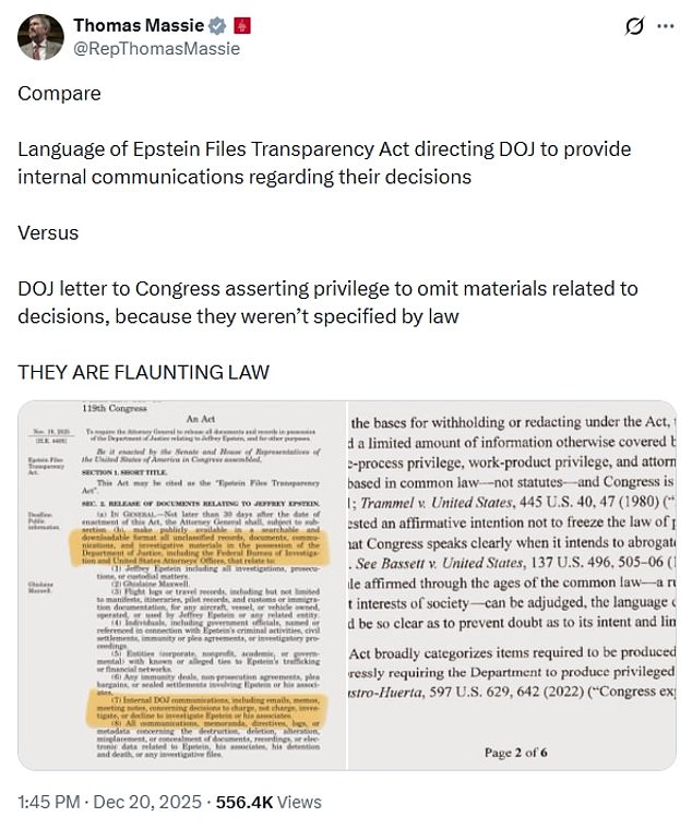 Rep. Thomas Massie, a Republican, also accused the DOJ of 'flaunting the law'