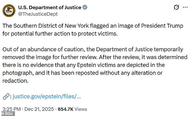 The Department of Justice claimed the photo was removed to ensure no victims were pictured