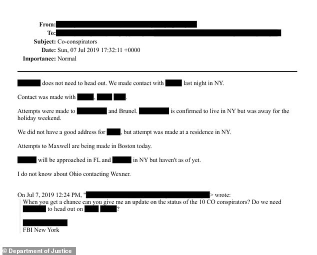 In an email from July 2019, an unidentified sender with a signature that included 'FBI New York,' asked a colleague for 'an update on the status of the 10 co-conspirators'