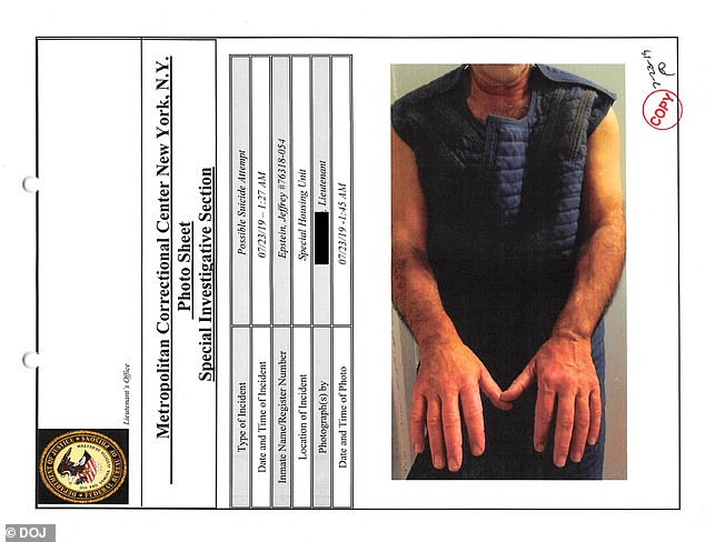 The convicted sex offender was photographed in the aftermath of the alleged attempt, although Epstein claimed that suicide was 'against [his] religion'