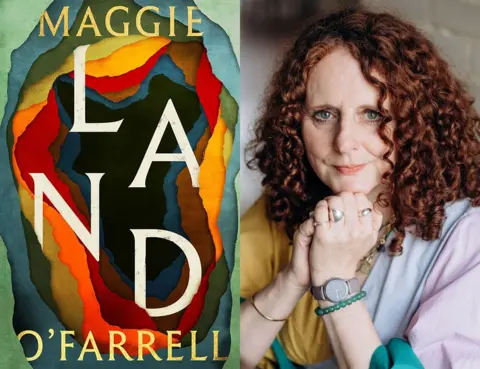 Headline Books/Dasha Tenditna The cover of Maggie O'Farrell's Land, which features layers of earthy colours opening up into an abyss, alongside an image of he author. She has a multi-coloured jumper on and has auburn curly hair.
