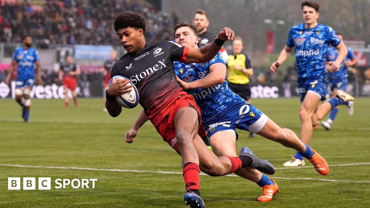 Noah Caluori scores a try for Saracens against Clermont Auvergne