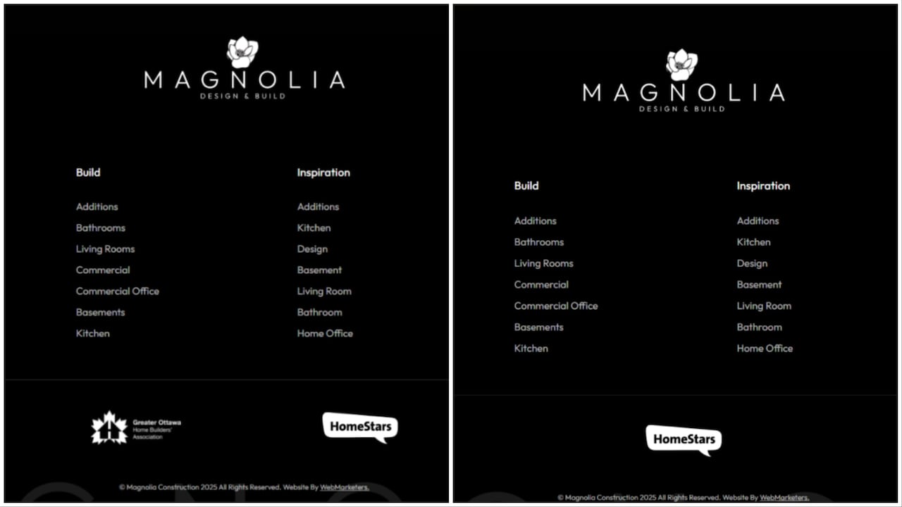 A screenshot comparison of Magnolia's website. On the left, it advertises it's part of two affiliations: HomeStars and Greater Ottawa Home Builders' Association. On the right, it only advertises HomeStars.