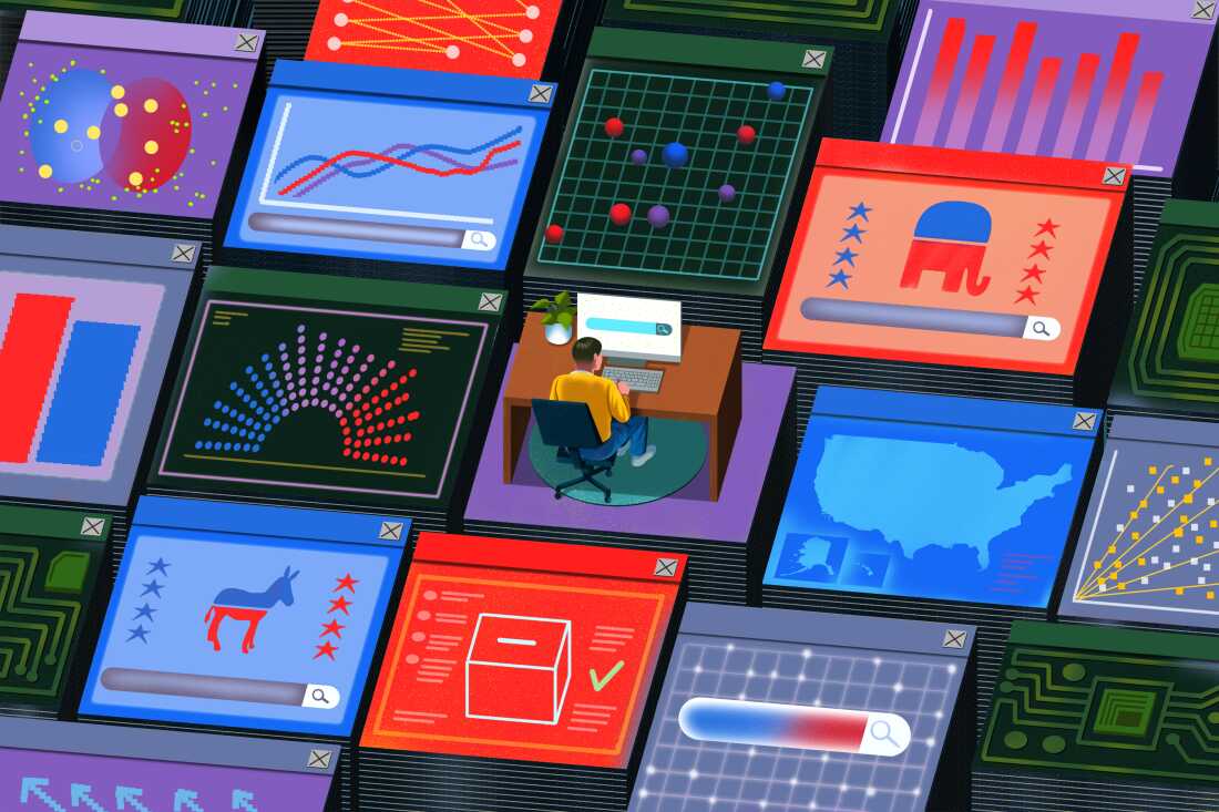 An illustration of a man sitting at a computer searching online surrounded by browser windows representing political data.