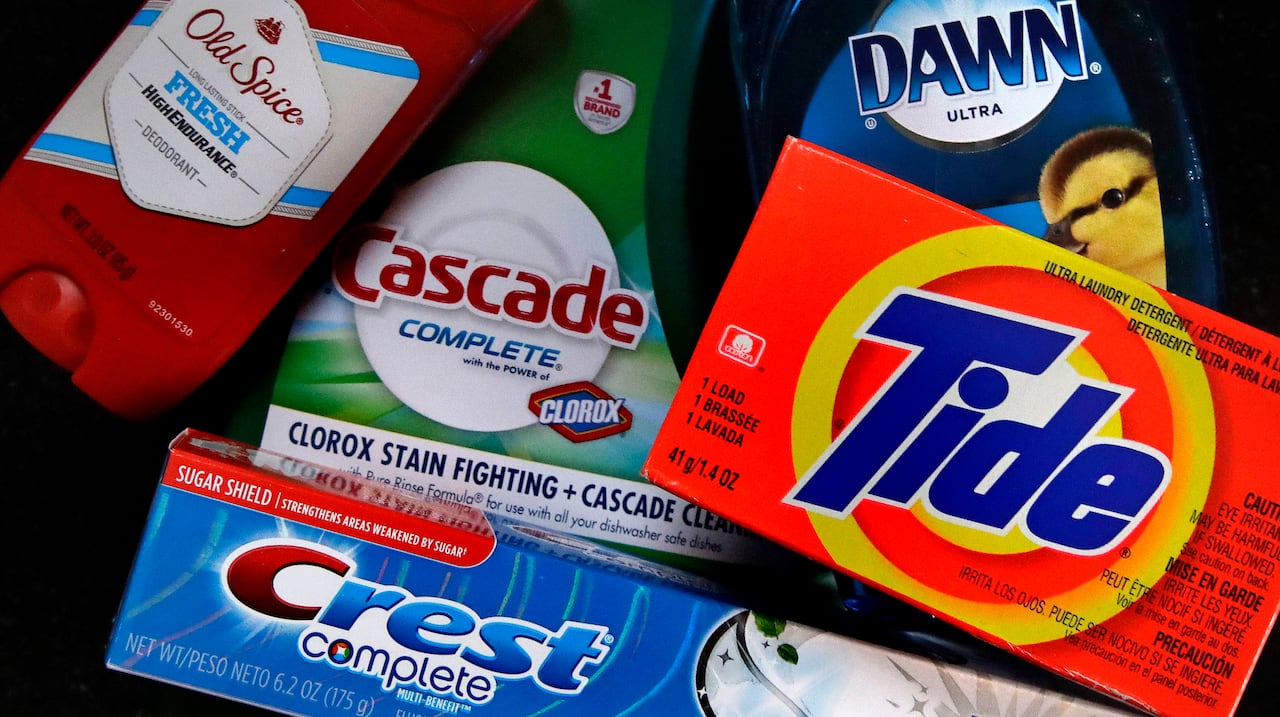 Dawn dishwashing detergent, Tide laundry detergent, Crest toothpaste, Cascade dishwasher soap, and Old Spice deodorant. 