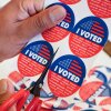 "I Voted" stickers are being prepared at a vote center in Los Angeles, on November 4, 2025, where where Proposition 50 is the only measure in the state's special election. Beyond California