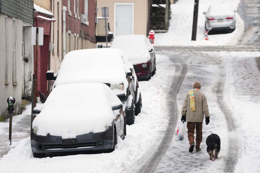 A person walks a dog on a slushy street after a winter snow storm in Pottsville, Pa., on Tuesday.