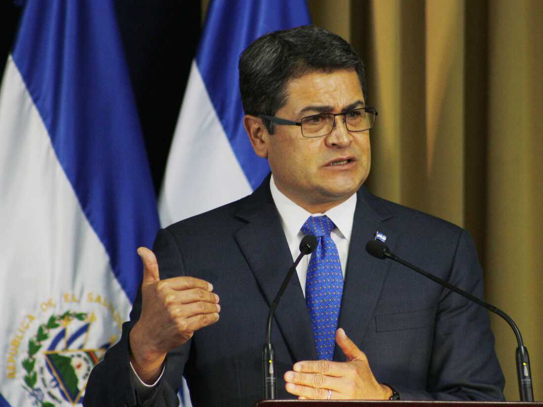 Then-Honduran President Juan Orlando Hernandez gives an speech in San Salvador, El Salvador.
