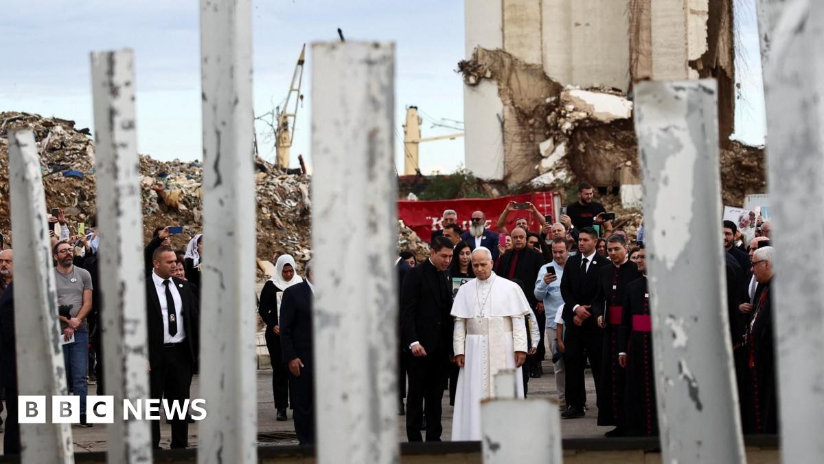 Pope Leo XIV holds a silent prayer at the site of the Beirut port explosion, in Beirut, Lebanon (2 December 2025)
