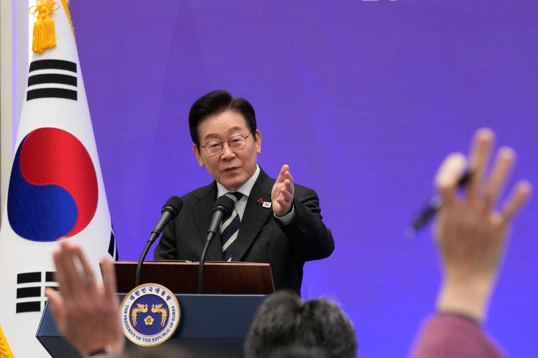 South Korean President Lee Jae Myung gestures during a news conference to mark the first anniversary of the Dec. 3 martial law crisis at the Blue House in Seoul, South Korea on Wednesday.