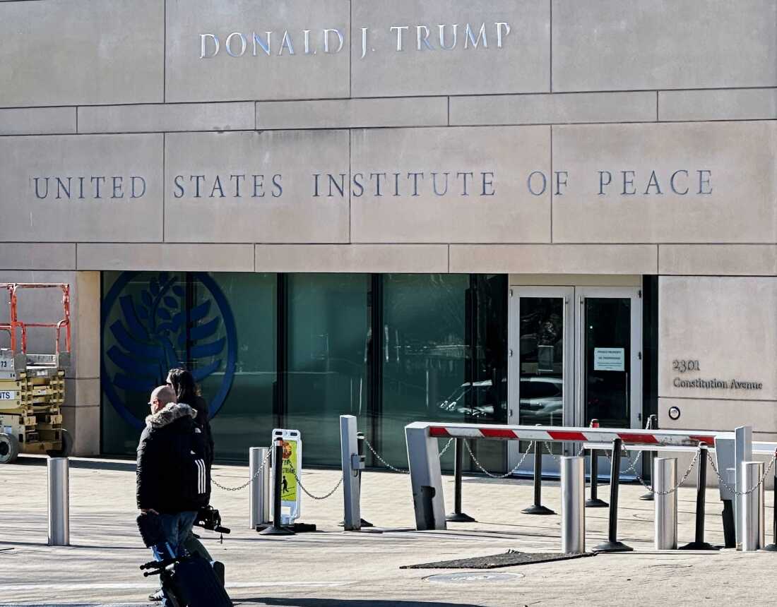 President Donald Trump's name is seen on the United State Institute of Peace building, Wednesday, Dec. 3, 2025 in Washington.