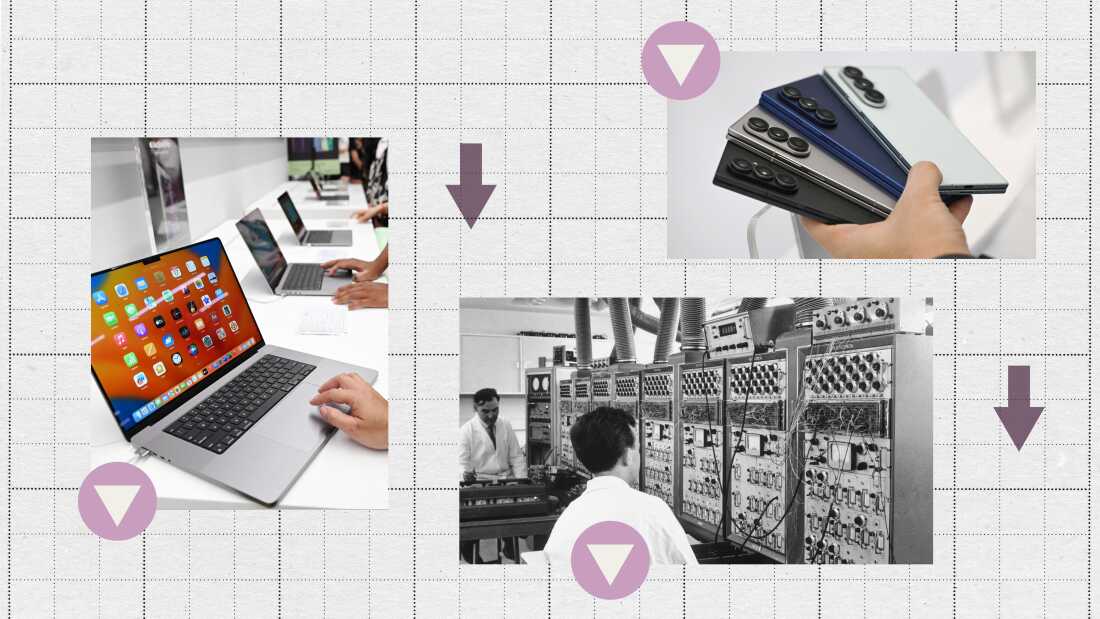 A collage of images including Mac laptops, smartphones and two men at a 1960s-era large computer.