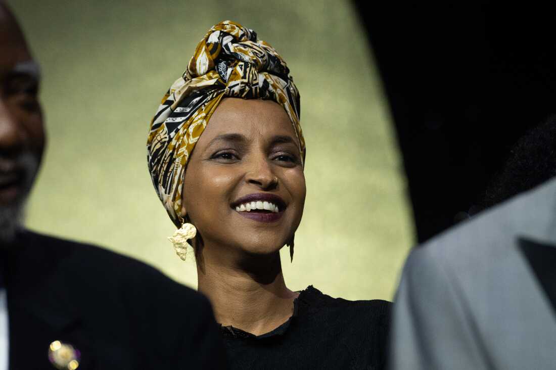 Rep. Ilhan Omar, D-Minn., appears onstage during the Congressional Black Caucus Foundation Phoenix Awards Dinner, in Washington, Saturday, Sept. 27.