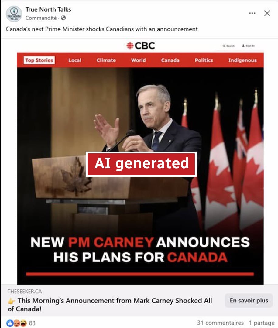 A screenshot of a Facebook posting using fake CBC branding