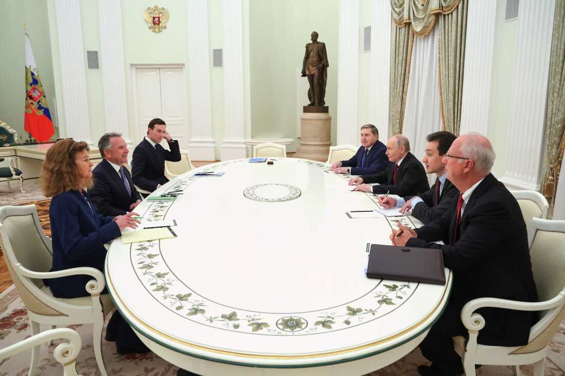 Russian President Vladimir Putin, third right, Russian Presidential foreign policy adviser Yuri Ushakov, fourth right, and Russian Direct Investment Fund CEO Special Presidential Representative for Investment and Economic Cooperation with Foreign Countries Kirill Dmitriev, right, attend talks with U.S. special envoy Steve Witkoff, second left, and Jared Kushner, President Trump's son-in-law, third, at the Kremlin in Moscow on Tuesday.