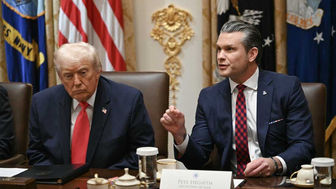 Secretary of Defense Pete Hegseth (R) speaks alongside President Trump during a Cabinet Meeting in the Cabinet Room of the White House in Washington, D.C. 