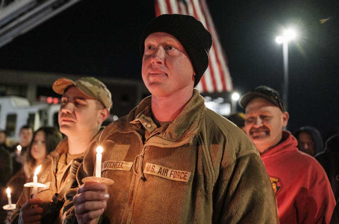 SSgt Jason Mitchell, a member of the West Virginia Air National Guard, attends a candlelight vigil for SSgt Andrew Wolfe outside of the Berkley County Sheriff Office on December 3, 2025 in Martinsburg, West Virginia. SSgt Andrew Wolfe was shot on November 26 near The White House in what officials described as a targeted attack by an Afghan refugee who had previously worked with the United States military and C.I.A in Afghanistan. 