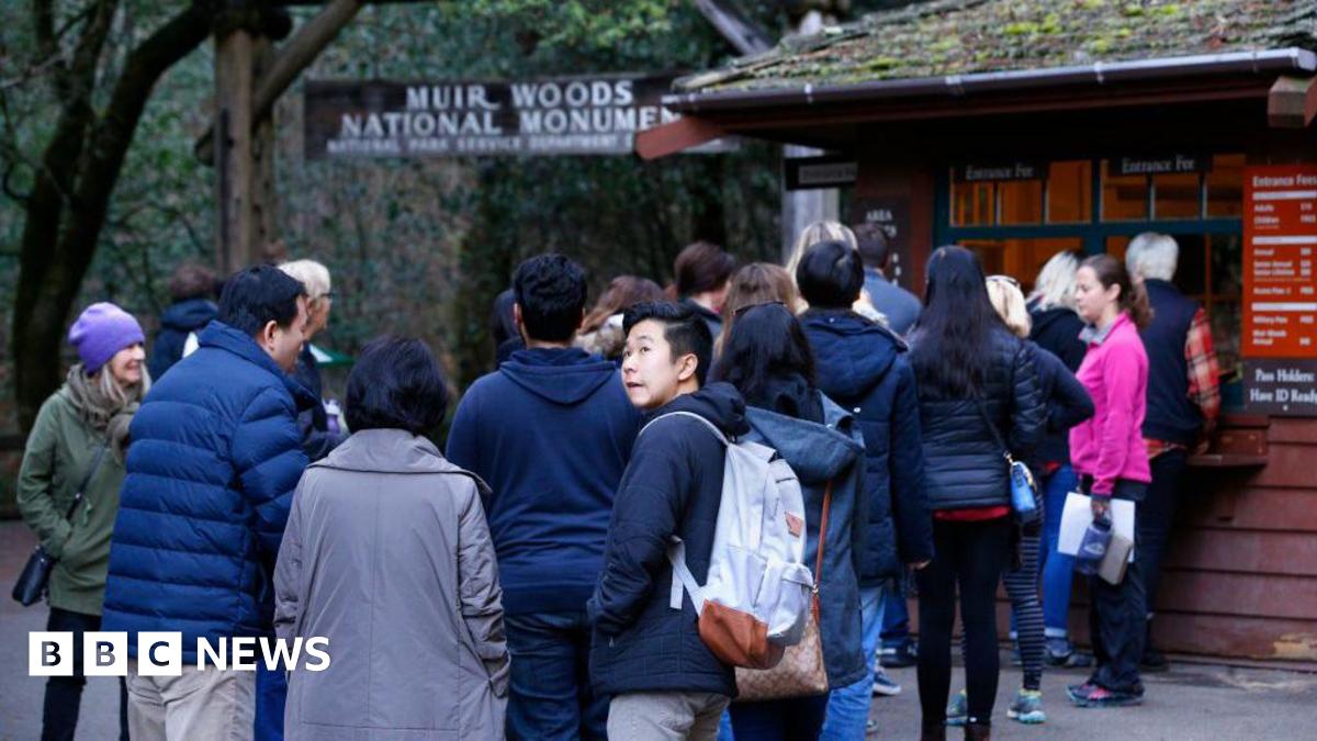 A line of visitors waiting to check in at visitor center at Muir Woods National Park