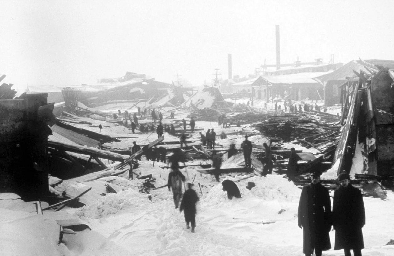 The aftermath of the Halifax Explosion — levelled buildings in a snow-covered environment — is shown in a 1917 file photo.